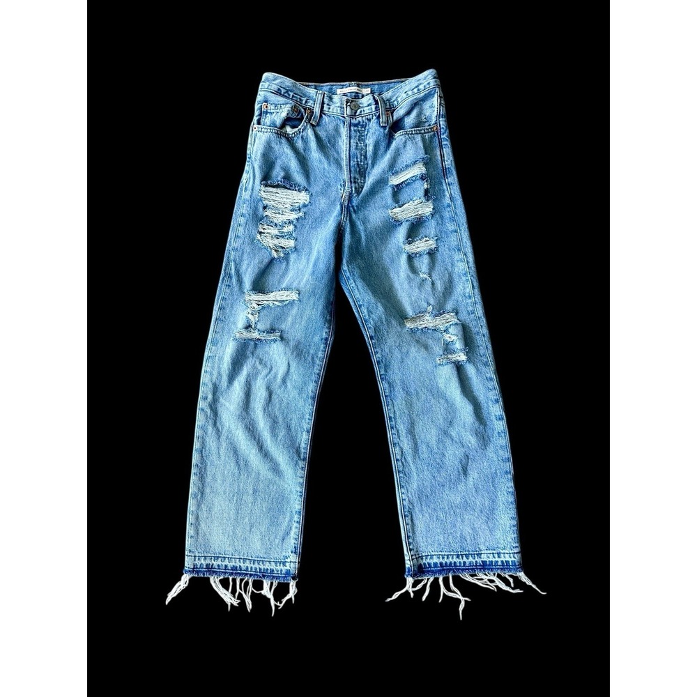Levi's Ribcage Straight Ankle Jeans Women Sz‎ 27.5x27 Medium Wash Raw Hem *flaw